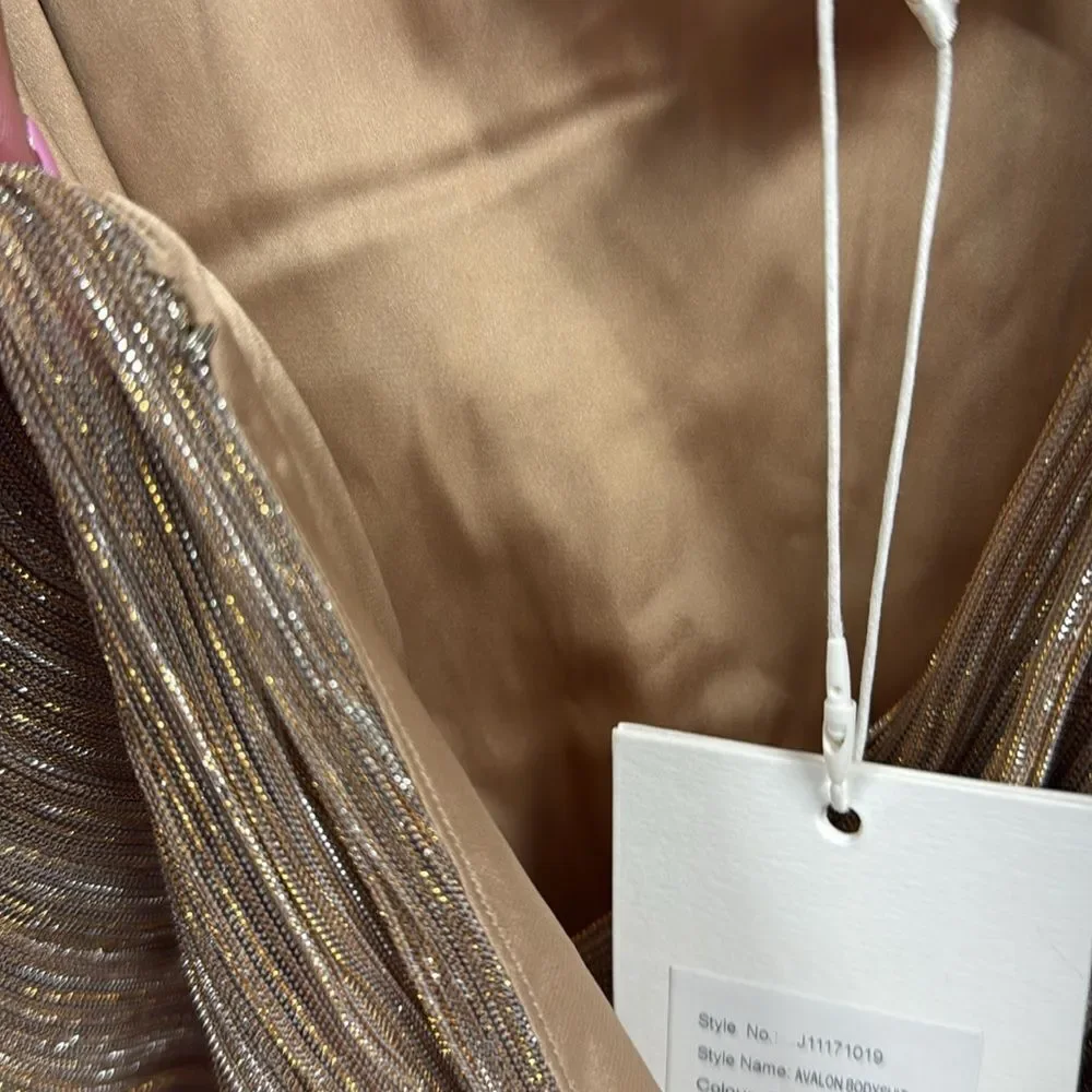 Elegant Brown Ruffled Gold TJD One Piece NWT - Size XS Body Suit in Blush